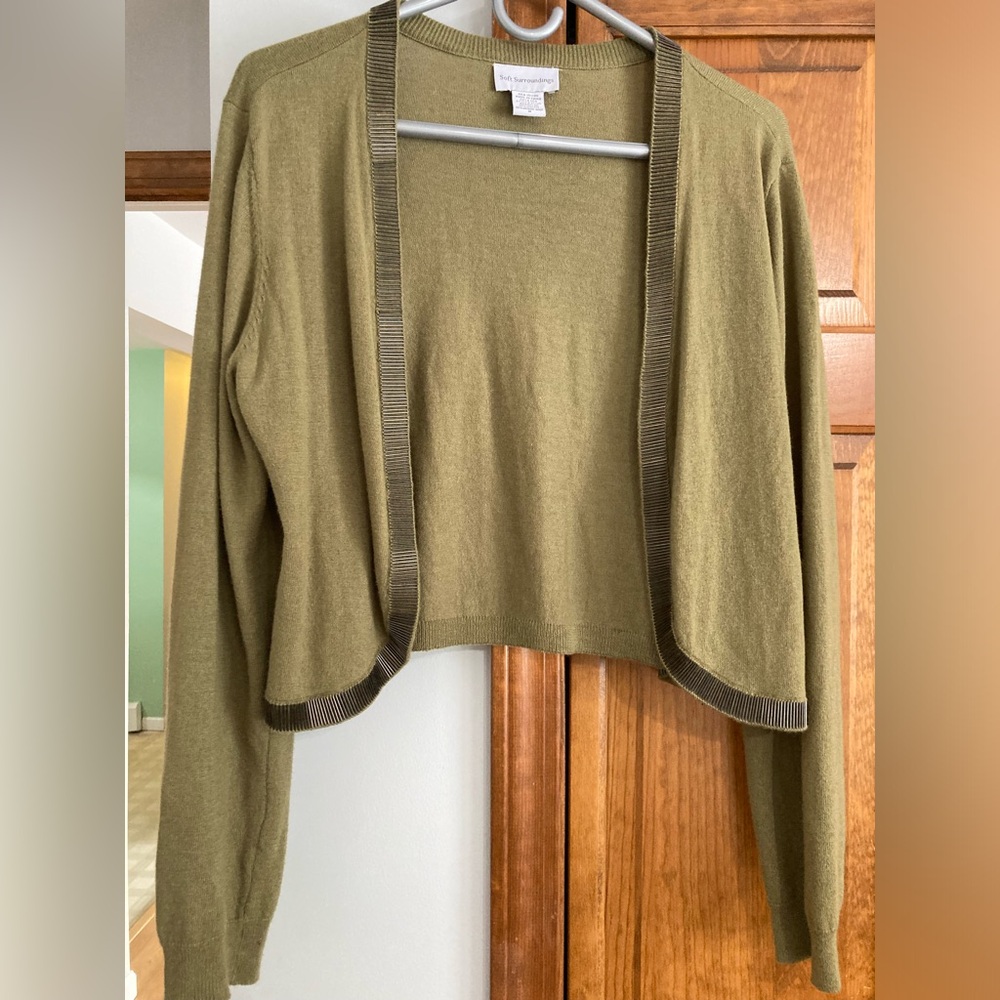 Soft Surroundings Olive Green Cropped Open Front Cardigan